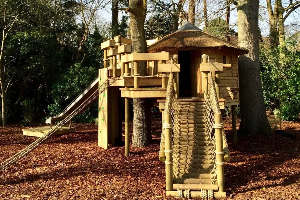 Garden Treehouse between two trees plus Log Rope Bridge entrance