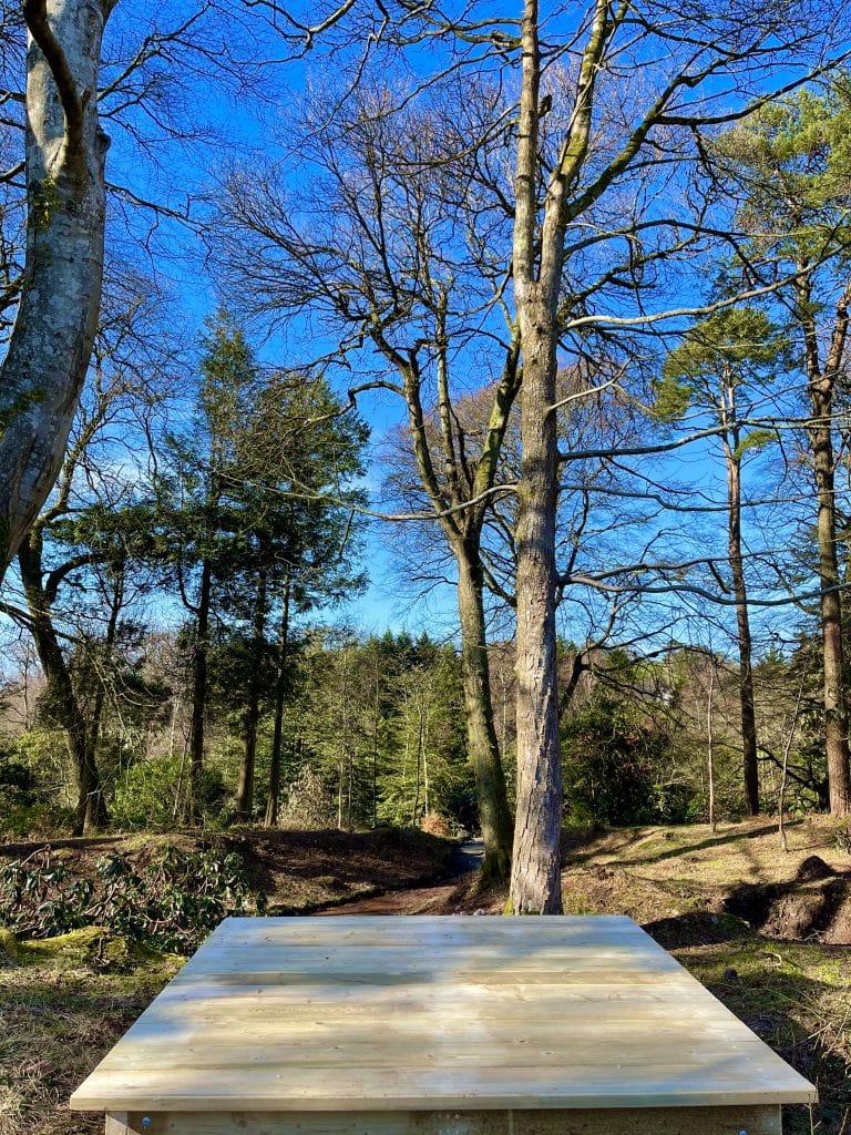 A timber play deck at Muncaster Castle, Lake District.