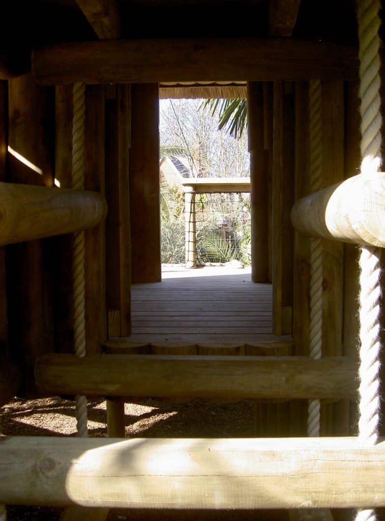 A photograph peering through a doorway of a family garden treehouse.