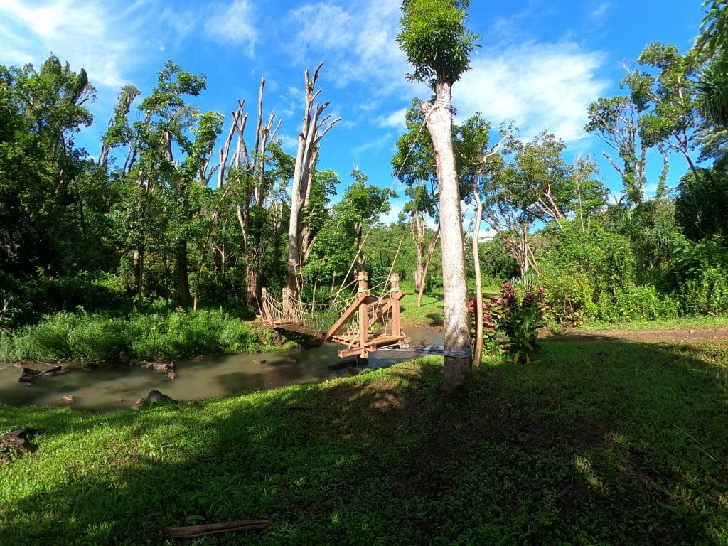 Beautiful Rope Bridge set in Hawaii woodland spanning a fast running river.